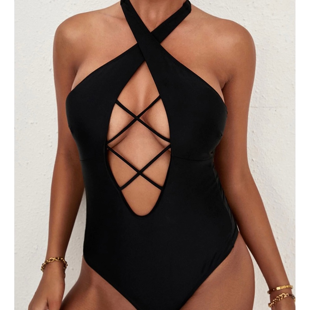 Black Cut-out Criss Cross Halter Neck One-piece Swimsuit